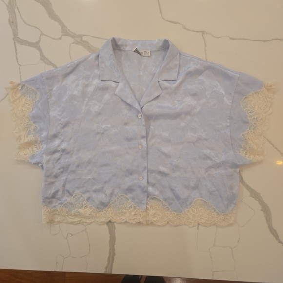 VTG Christian Dior Floral Lace Bow Satin Negligee Pajama Set Light Blue Large - Picture 11 of 15
